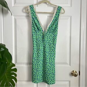 Cotton Candy LA green floral sleeveless mini dress lace trim v neck sexy flowy